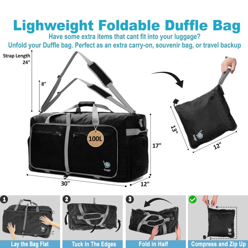 Bago Large Foldable Duffel Bags for Traveling Women & Men - 100L Packable Duffle Bag for Travel with Shoe Compartment - Water Repellant, Heavy Duty, Lightweight Folding & Collapsible (Black) - Image 4